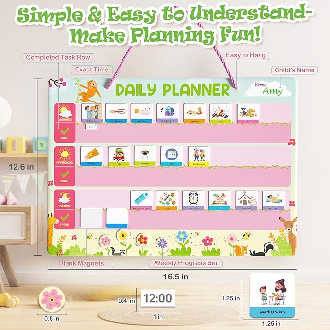 Daily Planner for Kids - Magnetic Behavior Board Calendar with 195 Magnets, Storage Bag, Cord & Pen - Daily Routine and Chore Chart - Visual Schedule for Kids 3+ Year Old (Animal Theme)