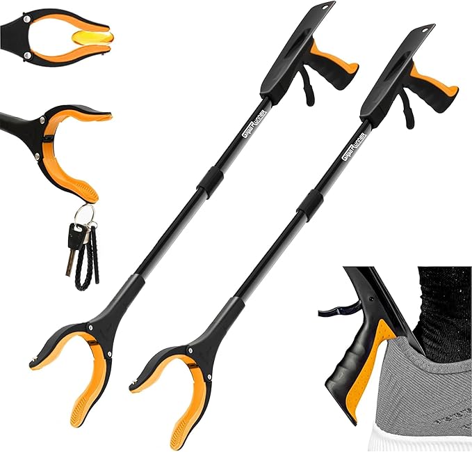 2Pack 32 inch GrabRunner Folding Reacher Grabber Tool with Strong Magnetic and Swivel Head &Shoehorn (Gold Gold)