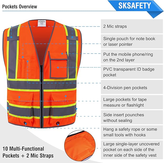 SKSAFETY 10 Pockets Safety Vest, Class 2 High Visibility Security with Zipper, Hi Vis Vest with Reflective Strips, ANSI/ISEA Standard, Construction Work Vest for Men ＆ Women （Orange, M）