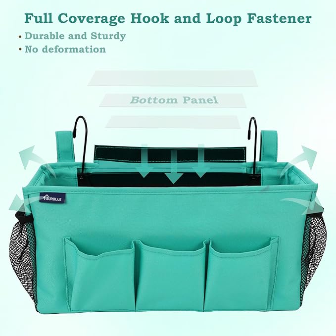Surblue Bedside Organizer Caddy Hanging Storage Bag with Adjustable Straps and Water Bottle Holder for Home, College Dorm, Bunk Bed, Hospital Bed, Green