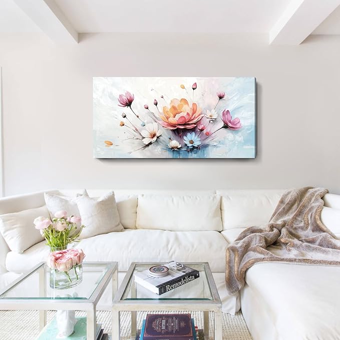 amatop Floral Canvas Wall Art – Framed Modern Abstract Botanical Print in Pink, Blue & White, Nature Art for Living Room, Bedroom & Office Decor (48x24 Inches)