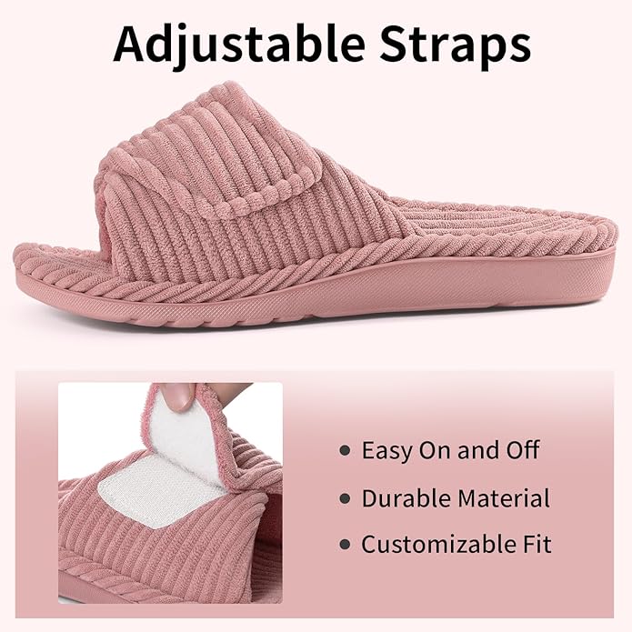 Litfun Orthopedic House Slippers for Women Adjustable Arch Support Indoor Slippers Open Toe Corduroy Bedroom Shoes