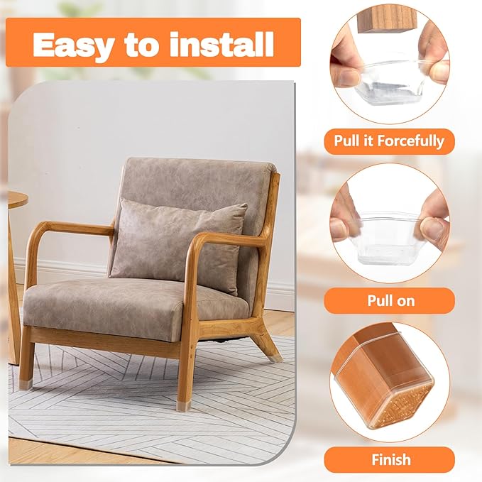28 Pcs Chair Leg Sliders for Carpet Rug, Square Chair Leg Floor Protectors Glides, Dining Room Furniture Foot Caps, Silicone Covers with Plastic Pads, No Scratches (Fit:1-1/8"~1-7/16", Clear)