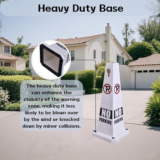 26.5" Caution Cones, 4-Sided Visible Safety Signs with Heavy Rubber Base, Warning for Slip & Fall Prevention, Indoor/Outdoor Use (4, No Parking-White, 26.5 inch)