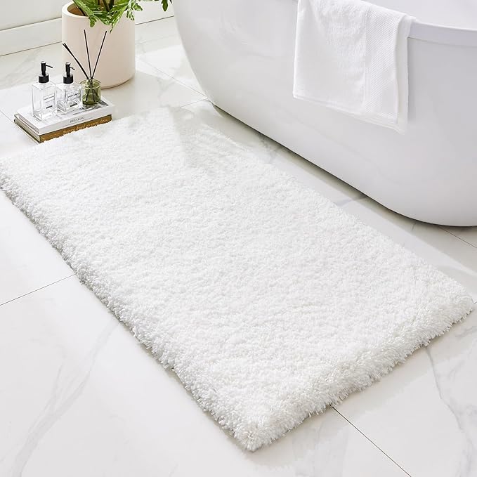 Bathroom Rugs 70x24, Ultra Thick Shaggy Soft Microfiber Absorbent Bath Rug, High Density Foam Latex Non Slip Backing, Machine Washable Bath Mats for Bathroom Floor & Sink, White