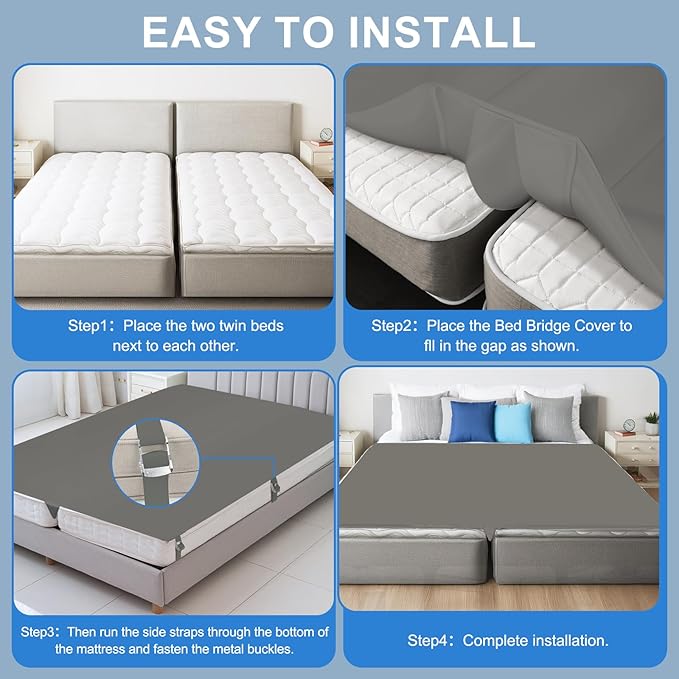 Upgrade 3-in-1 Bed Bridge Twin to King Bed Converter with Fitted Sheet- Mattress Gap Filler King Bed-with Sheet Strap Set 78"x 75"-Patent