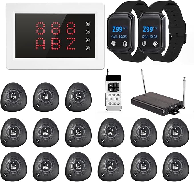 Restaurant Pager System Wireless Calling System 1200+ Feet with 1 Singal Amplifier/1 Display Receiver/2 Watch Pagers/15 Waterproof Call Buttons for Restaurant Cafe Church Clinic Hospital