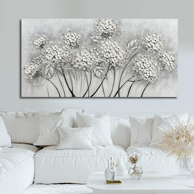 SOUGUAN Plant Wall Paintings White Floral Canvas Wall Art for Living Room Hand Painted Artwork Poster Botanical Picture Wall Decor for Home Office Decor 24x48 Inch