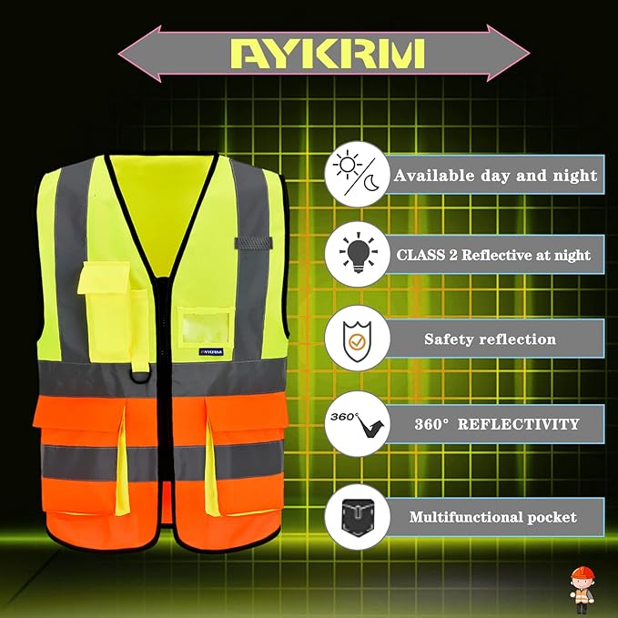 Yellow&Orange Color Mixed High Visibility Safety Vest with 7 Pockets with Reflective Strips and Zipper, X-Small