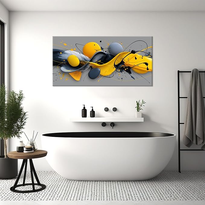 Yellow Abstract Splash Pigment Wall Art for Living Room Canvas Painting Prints Dynamic Art Deco Gray Vibrant Artwork Office Bedroom Family Decor Extra Large