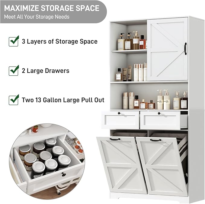 78" Tall Tilt-Out Double Doors Laundry Cabinet Hamper w Hidden Laundry Hamper,Large Pull Out Laundry Room Storage Cabinets,Kitchen Double Tilt Out Trash Cabinet,13X2 Gallon Bathroom Organizers(White)
