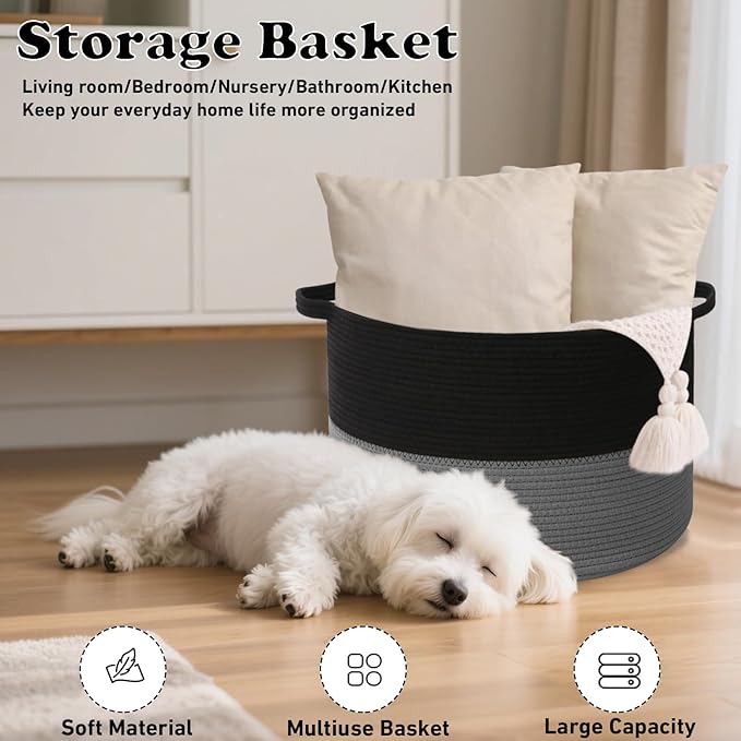 Large Storage Basket with Handle,19.7"x 19.7"x 13" Blanket Basket Storage Bins for Organizing,65L Cotton Rope Woven Baskets for Living Room, Nursery ,Bedroom,Black&Dark Grey