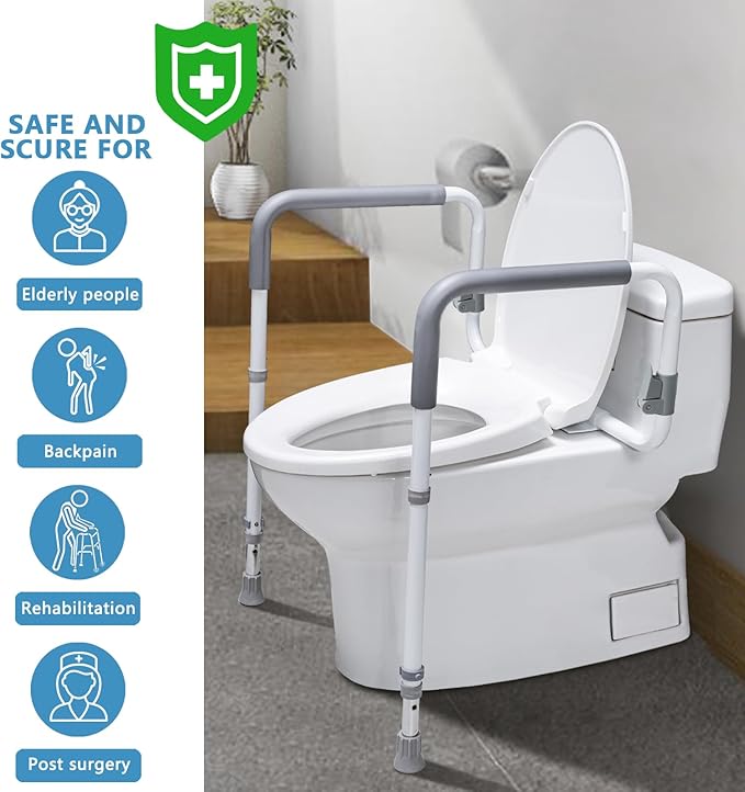 Toilet Safety Rails for Elderly Adults - Adjustable Bathroom Toilet Safety Frame with Handles - Stand Alone Toilet Grab Bar for Senior, Handicap & Disabled,Fits Most Toilets, White, TRX-8002