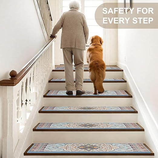 Non Slip Stair Treads for Wooden Steps Indoor, Light Blue, 15pcs, 30"X8", Soft Carpet Mat, Machine Washable Boho Carpet Treads with Reusable Adhesive Backing, Safety Stair Tread for Dog, Kid, Elder
