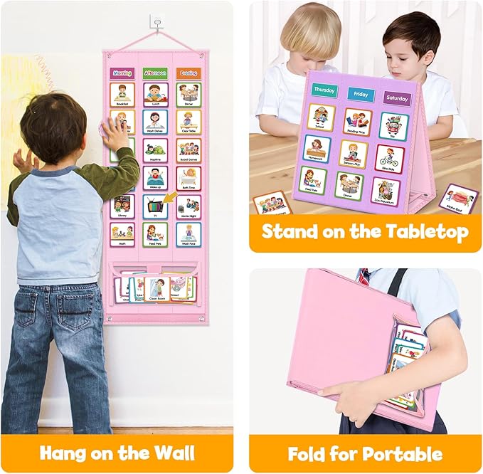 Godery Large Visual Schedule for Kids Chore Reward Chart,Bedtime Routine Chart for Toddlers,Double Side Schedule Board with 109 Cards for Home School Planner,Autism Learning Materials (Pink)