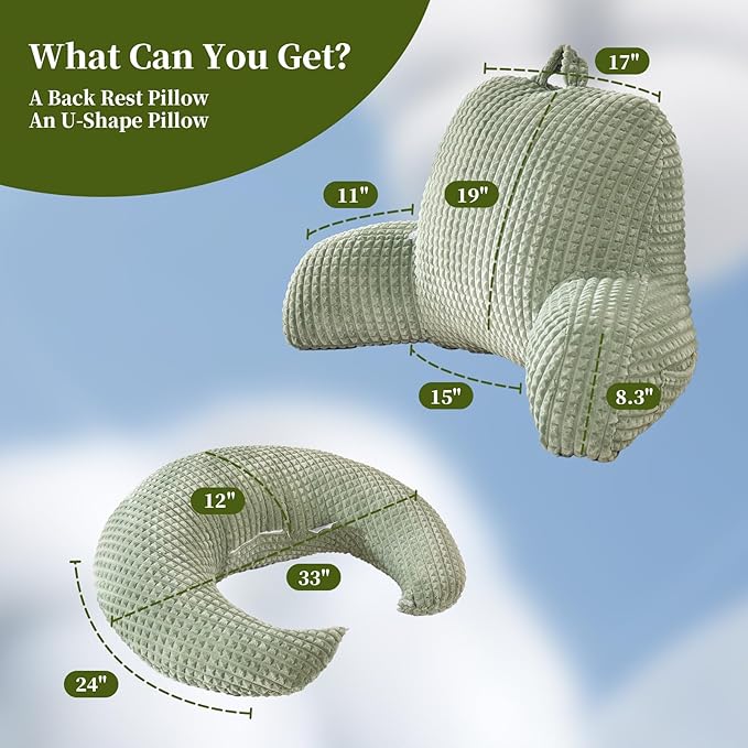 Reading Pillow for Bed,U Shaped & Back Support Pillow for Bed,17" Backrest with Lumbar & Arm Support,Comfy Flannel Fabric,Lap Pillow for Gaming/Reading/Watching TV,Green