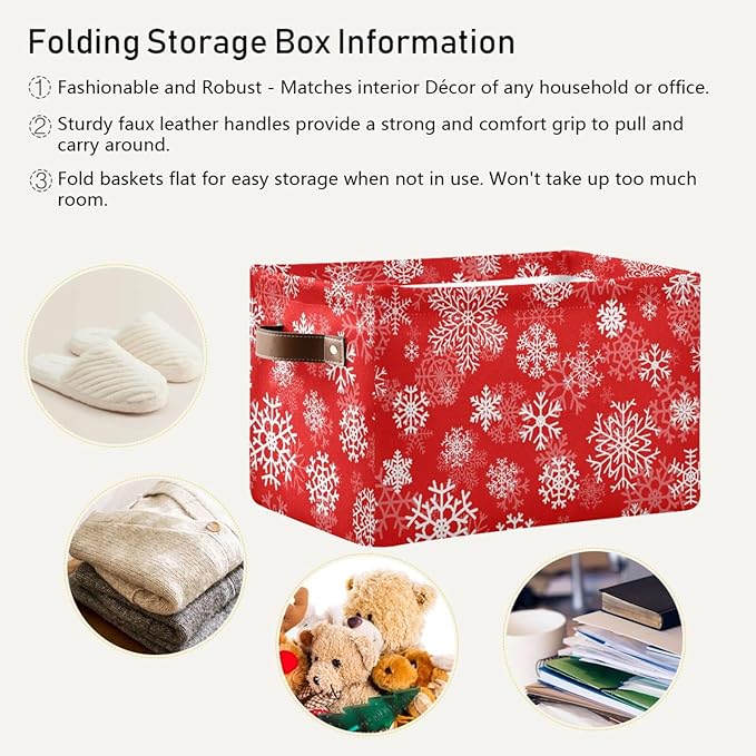 Christmas White Snowflakes on Red Storage Basket Cube Storage Bins Organizer Bag Collapsible Closet Shelf Baskets with handle for Cloth Book 14.2×10.2×8.3 IN