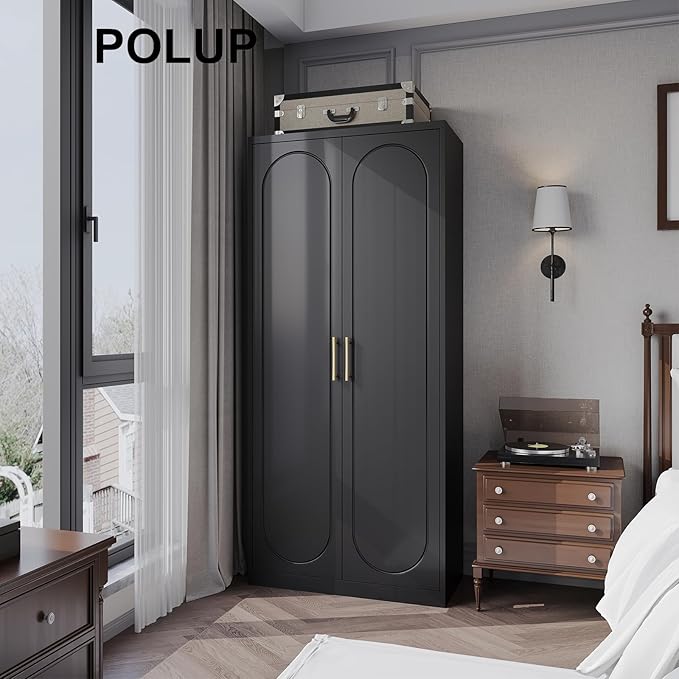 Metal Armoire Wardrobe Closet with Doors and Shelves, 71" Tall Wardrobe Closet with Hanging Rod, Freestanding Clothes Cabinets, Large Wardrobes for Bedroom, Home Office, Employee, Black