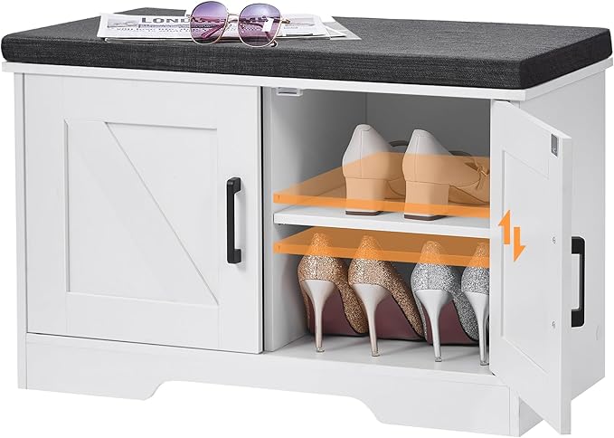 2-Tier Storage Bench, 27.6" Wide Shoe Bench with Padded Seat Cushion, Entryway Bench with 2 Barn Doors and Adjustable Shelf, White