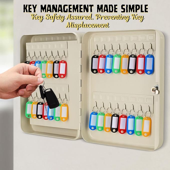 Flexzion Key Box Wall Mount with Code, Key Cabinet with 60 Key Holder Organizer Locker Case, Colored Key Tags & Hooks Wall Mounted Lock Box for Keys Storage, Homes, Property, Hotels, Business (Gray)