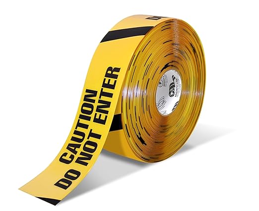Mighty Line Repeating Message Floor Marking Tape for Safety, Hazard, Warning, Heavy-Duty, Peel and Stick, Adhesive, Industrial Quality, 3" Wide, 100' Long Roll, Yellow, Caution Do Not Enter