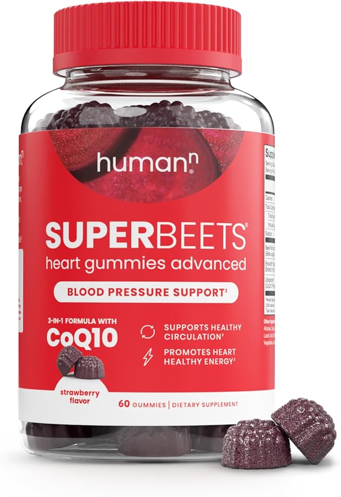 Humann SuperBeets 3-in-1 Heart Gummies - 3x Absorption CoQ10 - Plus Beetroot Extract & Grape Seed Extract for Advanced Heart Health, Cellular Energy & Circulation Support, Vegan, Gluten Free, 60 count