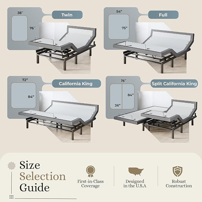 Sven & Son Harmony Adjustable Bed Base, Head and Foot Lift, Massage, Under-Bed Lights, USB, Gel Memory, Zero Gravity Smart Frame - Full