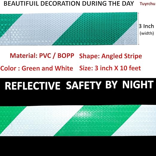 Green and White Reflective Tape Outdoor Waterproof 3 inch X 10 feet, High Visibility Hazard Conspicuity Safety Marking Tape