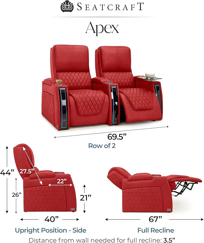 Seatcraft Apex Zero-Gravity CoolZero Italian Leather Home Theater Seating, Powered Headrest, Powered Lumbar, Powered Recline, Row of 2, Red