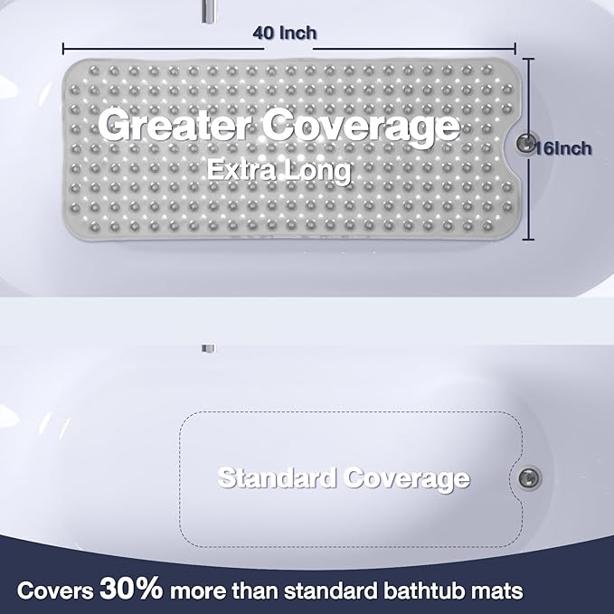 Extra Long Bathtub Mat Non Slip, Clear Gray Soft Bath Mat for Tub 40 x 16 Inch Full Size, Bath Tub Shower Mats for Bathroom Floor, Big Suction Cups and Drain Holes, Easy Washable, BPA Free