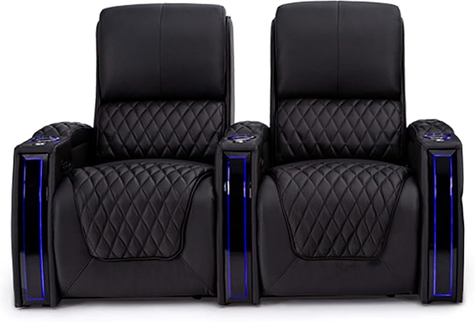 Seatcraft Apex Home Theater Seating - Living Room - Italian Leather - Power Recliner - Power Headrests & Lumbar - LED Armrests - SoundShaker - USB Charging - Cup Holders (Row of 2, Black)
