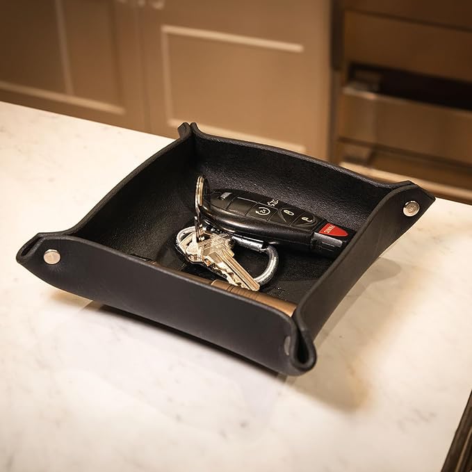Valet Tray – Full-Grain Leather Catchall Organizer for Keys, Phone & Wallet – Rustic Nightstand & Desk Tray with Raised Sides – Handmade in USA (Black, Small Square)