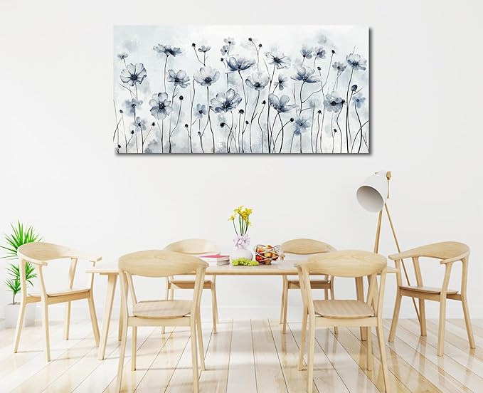 VEAEE Framed Flowers Canvas Wall Art - Indigo Floral Canvas Pictures, Living Room Wall Decor, Botanical Canvas Prints Painting Abstract Artwork Bedroom Office Home Decor 24"x 48"