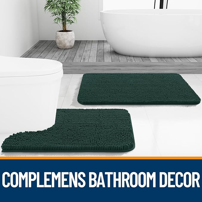 OLANLY Bathroom Rugs Sets 2 Piece, Soft Absorbent Chenille Bath Mats and U-Shaped Contour Toilet Mat Rug Set, Machine Washable Bath Carpet, Home Decor Accessories(30"x20"+24"x20", Blackish Green)
