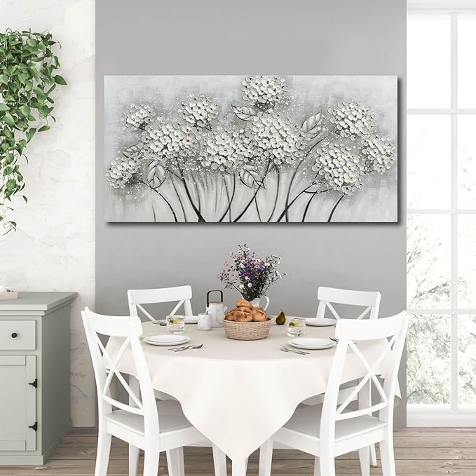 SOUGUAN Plant Wall Paintings White Floral Canvas Wall Art for Living Room Hand Painted Artwork Poster Botanical Picture Wall Decor for Home Office Decor 24x48 Inch