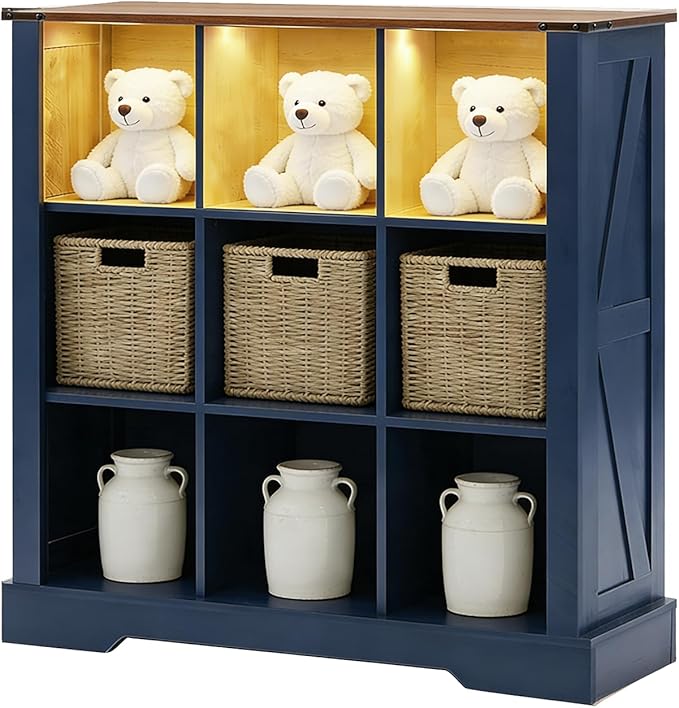 9 Cube Bookcase, Wooden Cube Storage Organizer Shelf, Blue Horizontal Book Shelf with LED Lights, Freestanding Display Cabinet for Living Room, Hallway TV Stand for Entryway