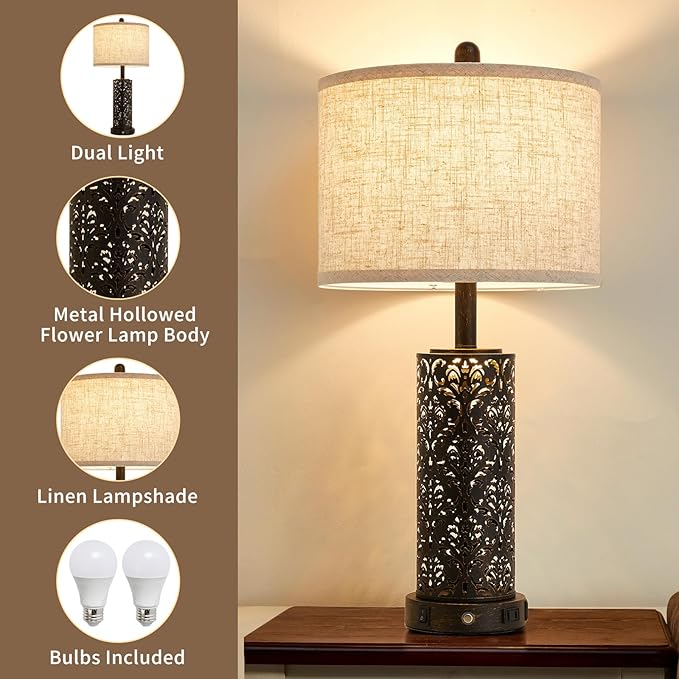 26" Set of 2 Farmhouse Table Lamp, 3-Way Dimmable Touch Control with Nightlight, 2 USB Ports + AC Outlet Vintage Rustic Bedside Lamp for Living Room Bedroom and Nightstand (Black-2 Pack)