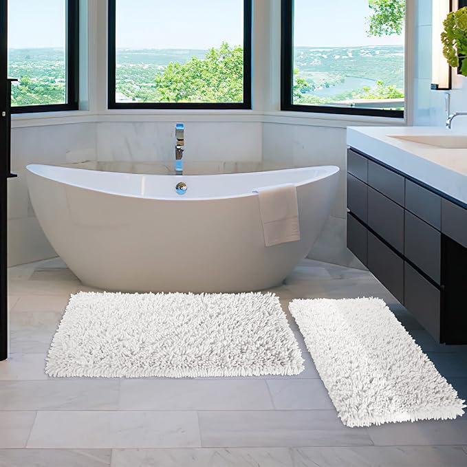 Yimobra Bathroom Rug Set 2 Piece, Luxury Shaggy Bath Mat Set with Non Slip Backing, Ultra Soft & Absorbent Mats for Bathroom Floor, Machine Washable, 44"x24"+24"x17", White