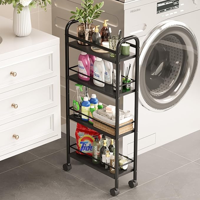 Slim Storage Cart, 4-Tier Narrow Rolling Cart with Handle, 5.9 Inches Deep, Slim Bathroom Shelf for Small Spaces, Kitchen, Dining Room, Living Room, Bathroom, Laundry Room, Black