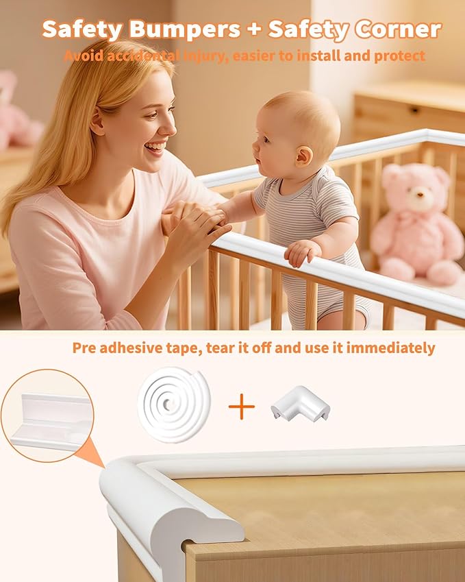 Edge Protector for Baby Proofing, 6.6FT 0.67’’Th L-Shape Air Buffering Soft NBR Rubber Foam Furniture Edge Bumper Guards with 6 Corners, Pre-Taped, Thick Table Bumper Guard for Babies (White-gray)