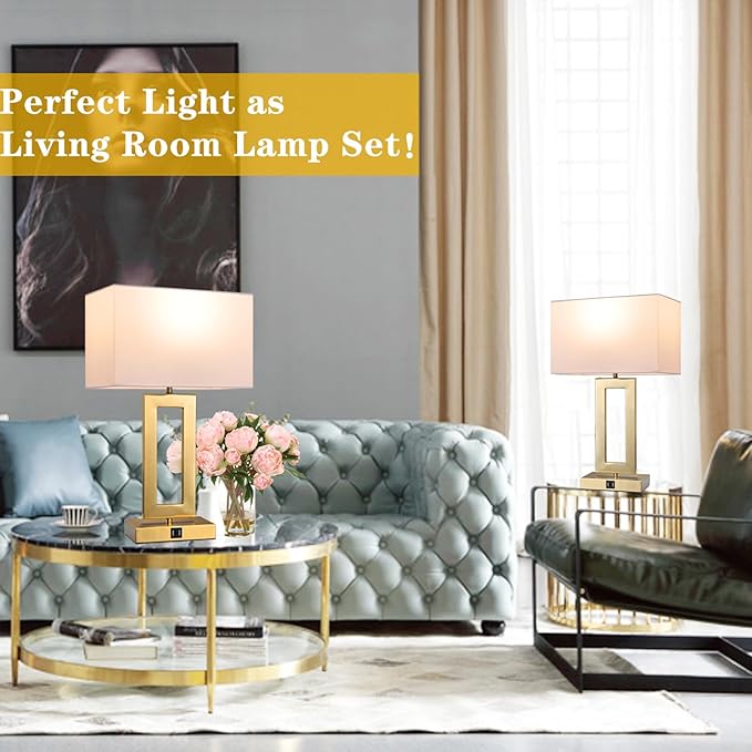 22’’ Set of 2 Touch Control Table Lamps w. 2 USB Ports, 3-Way Dimmable Bedroom Bedside Nightstand Touch Lamps, Modern Gold&White Lamps for Living Room End Table, LED Bulbs Included