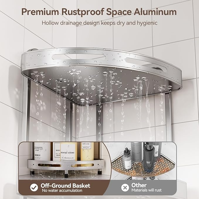 Corner Shower Caddy Standing, 3-Tier Rustproof Shower Organizer with Soap Holder, Aluminum Shower Shelf Stand for Bathroom Storage, Siver