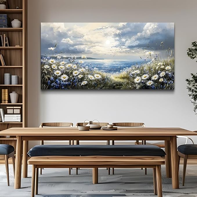 KELIYUAN Large Wall Decor Canvas Painting Wall Art For Living Room Decor Blue Mediterranean Garden Landscape Painting Bedroom Print Artwork Picture For Dining Room Bathroom Home Decoration 24x48 In