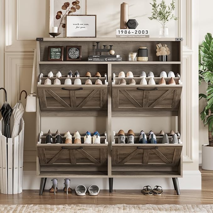 Shoe Cabinet with 4 Flip Drawers,Farmhouse Shoe Storage Cabinet for Entryway,Narrow Freestanding Organizer Rack with Open Shelves for Foyer,Hallway,Grey