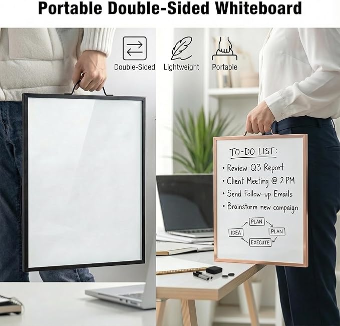 Small Whiteboard 12 x 16 Inch Magnetic Dry Erase Board with Handle | Rose Gold Aluminum Frame | Double-Sided Planner Board with Weekly & Monthly Sheets | 3 Markers, Eraser & 2 Magnets