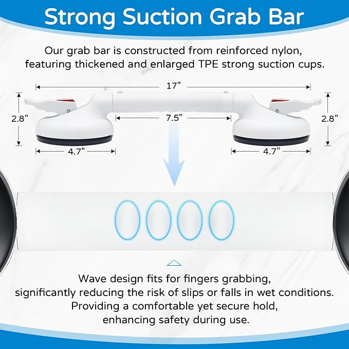 Suction Grab Bar for Shower Bathtub: Upgraded Heavy Duty Non-Slip Grip Handle with Strong Suction Cup for Bathroom Wall, Max Load 269LBS Safety Bar for Elderly Senior Disabled Handicap 17 Inch White