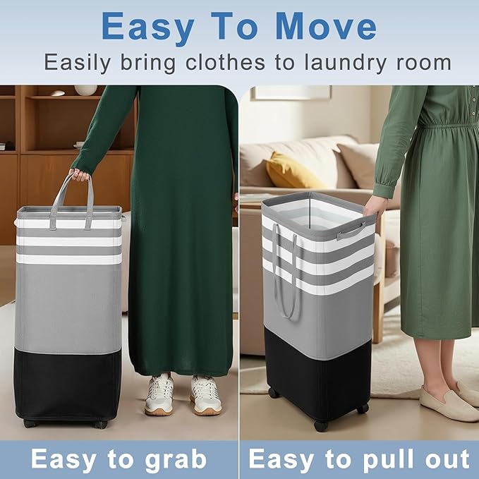 Wakefit 80L Large Laundry Basket, Laundry Hamper with 4 Wheels, Collapsible Waterproof Clothes Basket, Freestanding Hamper with Handles for Bedroom, Bathroom, Laundry Room (Gray - S)