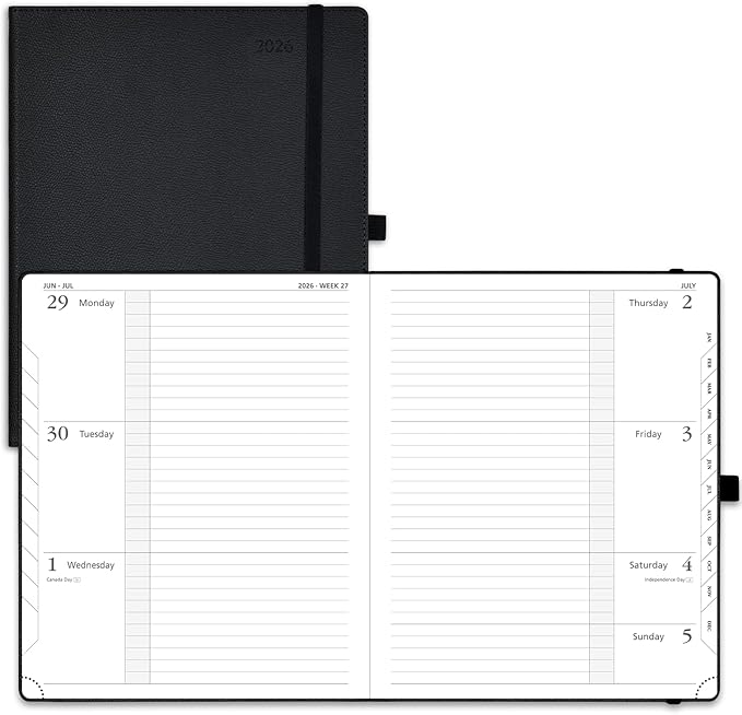 POPRUN 2026 Weekly & Monthly Planner Calendar, 8.5" x 10.5" Large, Horizontal Layout with Lined Sections, Jan. 2026 - Dec. 2026, Leather Hardcover, 100GSM Paper, Inner Pocket - Black
