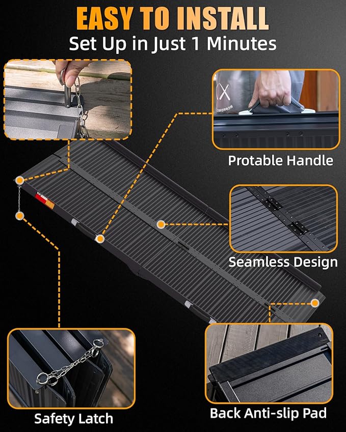 VNN Portable Wheelchair Ramp 6FT, Black Seamless Non-Slip Aluminum Ramps for Wheelchairs for Home, Handicap Wheelchair Ramps for Home Steps, Aluminum Loading Dock Plates