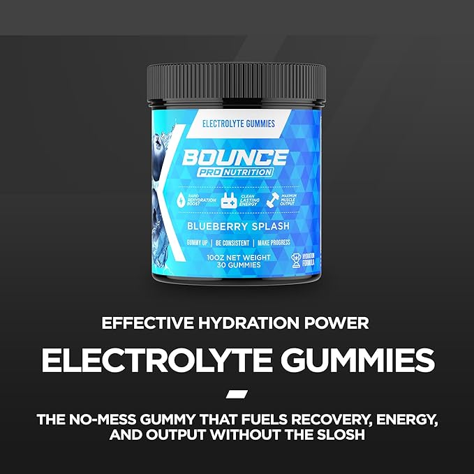 Bounce Pro Hydration Electrolyte Gummies – 30 Vegan Chewable Gummies with Sodium, Potassium & Magnesium for Running, Workouts & Endurance – No Sugar, Caffeine Free Electrolyte Chews, Blueberry Splash
